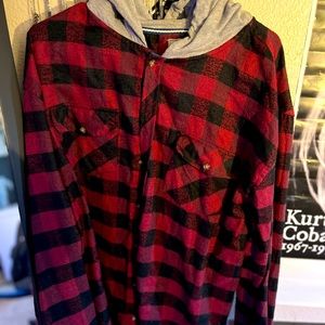 Red Straight Faded Button down flannel with hood